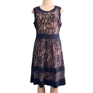 Candalite Fit and Flare Nude with Blue Lace Overlay Knee Length Sleeveless Large